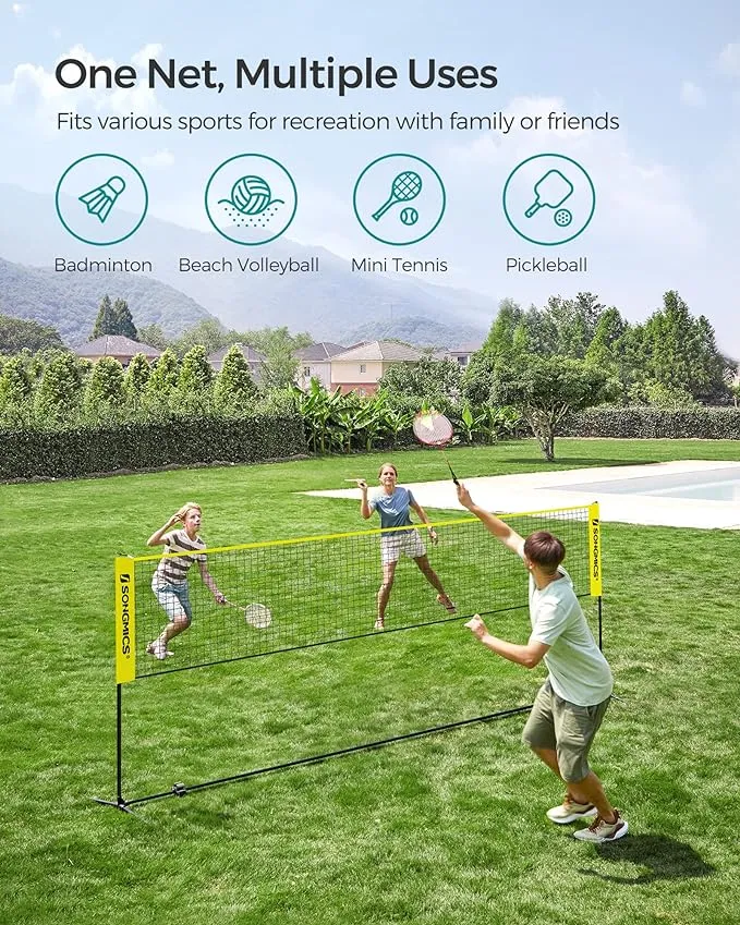 SONGMICS Badminton Net, Height Adjustable Volleyball Net, Pickleball Net for Junior Tennis, Kids, Indoor Outdoor Court, Foldable Nylon Net with Poles 10ft/13ft/16.5ft Wide