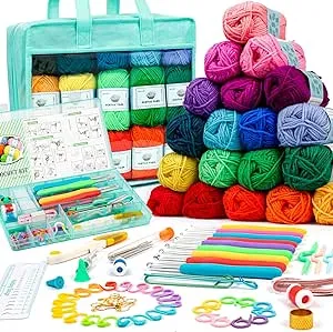 Crochet Yarn Kit for Beginners Adults and Kids, Includes 1650 Yards 30 Colors Acrylic Skeins, User Manual, Hooks, Teal Bag etc, Make Amigurumi & Projects, Starter Set Professionals