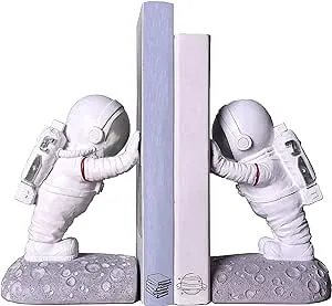 Astronaut Bookends - Book Ends to Hold Books - Space Decor Bookends for Kids Rooms - Bookends for Heavy Books - Unique Book Holders with Anti-Slip Base (Silver)