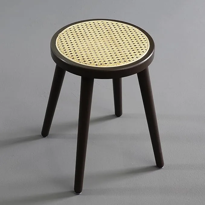 [PJ Collection] Natural Rattan Top Wood Stool, Rattan Stool, Small Rattan Stool, Handcrafted Wood Stool, Lightweight Stool, Hand-Woven Rattan, No Tool Assembly (Round, Brown)