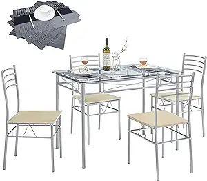 VECELO Kitchen Dining Room Table and Chairs 4, 5-Piece Dinette Sets, Space Saving (Silver)