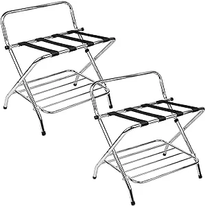 Foldable Luggage Rack, X-Shape Single Tier Sturdy with Nylon Straps & Rubber Feet for Added Stability | Metal Stand Shoe Rack for Guest Room Storage - Pack of 1