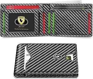 GSOIAX Mens Slim Wallet for Men Minimalist Genuine Leather Carbon Fiber Rfid Blocking Bifold Credit Card Holder With Gift Box (Black)