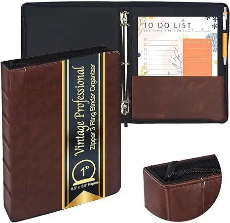 Performore Vintage Professional 3 Ring Zipper Binder Organizer, for 8.5" x 5.5" Paper, 1-Inch Round Rings, 2 Inner Pockets, Antique Brown Vegan Leather, Pen Included