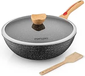 ITSMILLERS Nonstick Chinese Wok with Lid, Spatula, Scratch Resistant, 12.5 inch