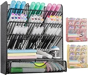 Spacrea Metal Pen Organizer, Pencil Holder for Desk, Desk Organizer with Drawer for School, Home, Art Supplies (Black)