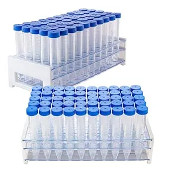 Ackers Conical Centrifuge Tubes 15mL, 100Pcs Sterile Plastic Test Tubes with Screw Caps, Polypropylene Container with Graduated and Write-on Spot, Non-Pyrogenic, DN/RNase Free | 2 Test Tube Racks