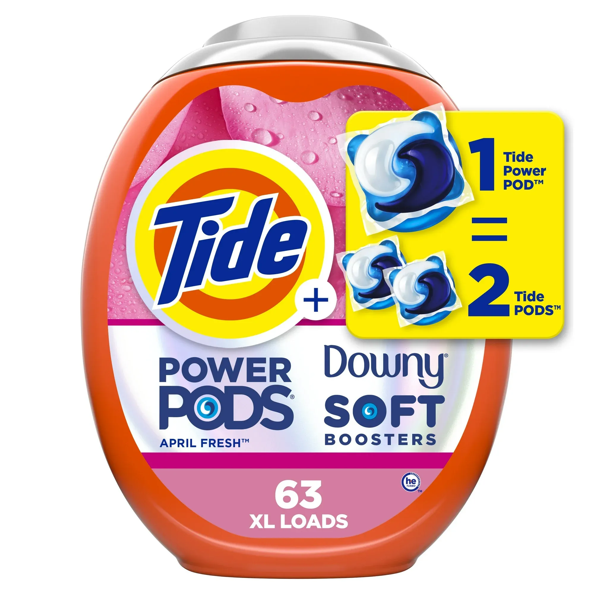 Tide Power Pods with Downy Laundry Detergent Packs, April Fresh Scent, 63 Count