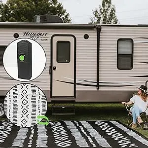 Glamplife Recycled Plastic Rug, 9x12 Rv mat, Black and White Camping Rugs for Outside Your RV, Large Indoor Outdoor Rugs for Awnings, Patio Rug, Outdoor Carpet Waterproof