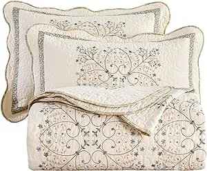 vctops Elegant Embroidered Quilt Set Farmhouse Patchwork Oversized Queen Size Reversible Bedspread Coverlet 3 Piece Cotton Quilted Bedding Set for All Season, 1 Quilt + 2 Pillow Sham (94x102 in)