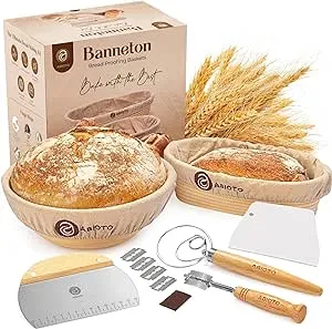 10" Round and 11" Oval Banneton Bread Proofing Baskets and Sourdough Bread Baking Supplies, A Complete Sourdough Kit with Bread Lame, Danish Whish, Bowl Scraper, Sourdough Scraper, and Linen Liners