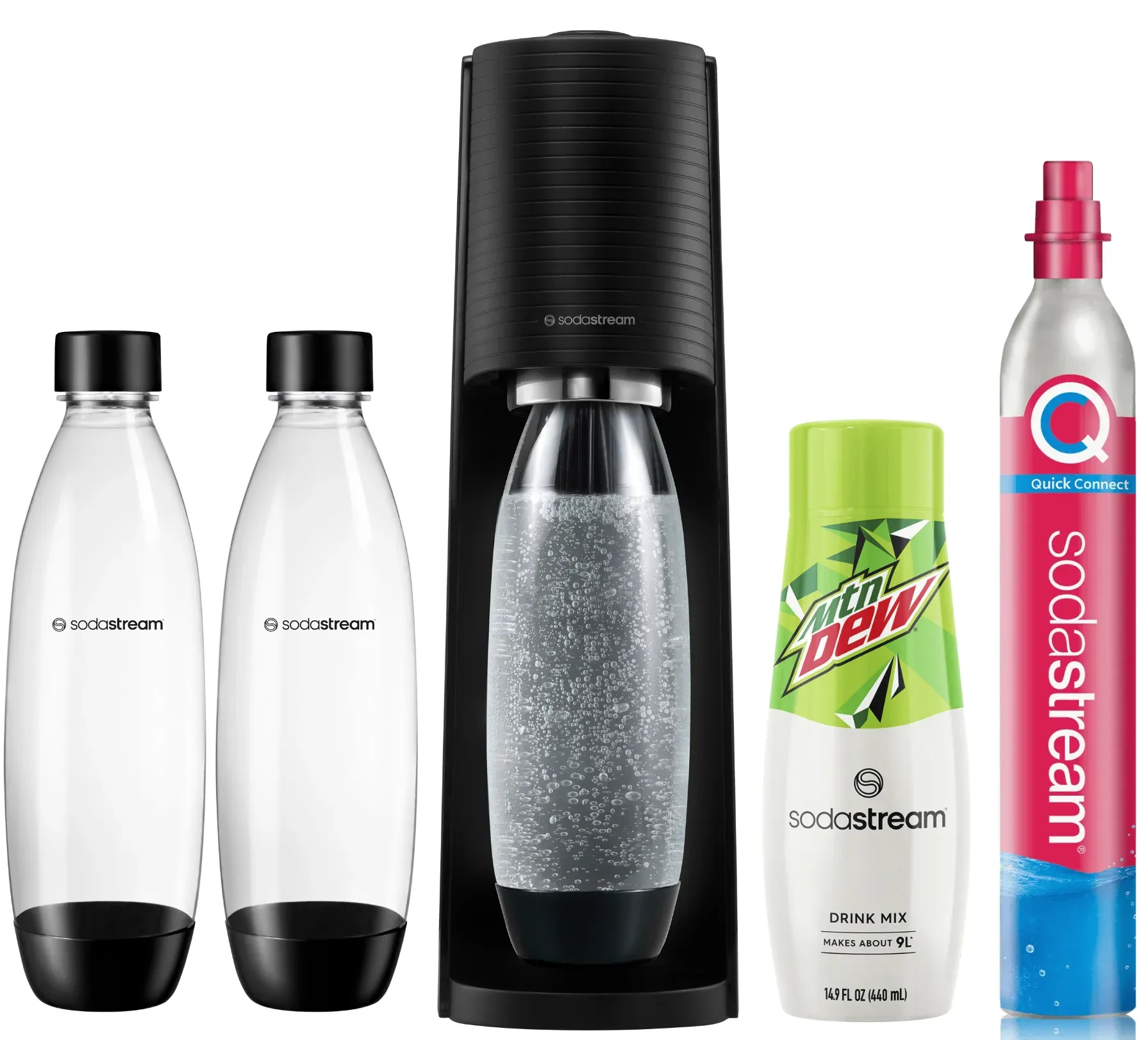 SodaStream Terra (Black) Sparkling Water Maker Bundle, with CO2, DWS Bottles, and MTN Dew Flavor Mix