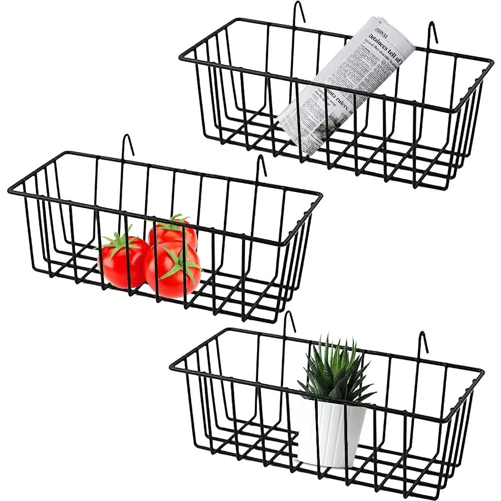 Gddochn 3 Pack Wall Grid Panel Hanging Wire Basket,Wall Storage and Display Basket,Grid Wall Storage Basket for Kitchen,Home Decor Supplies,Black