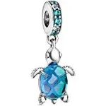 Pandora Passions Charm pendant Tortue de mer en argent sterling avec cristal vert, cristal bleu pâle et verre de Murano bleu paon