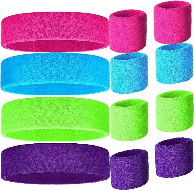 ZLXO Novelties 80s Neon Headbands and Wristbands Set - Sweatbands for Sports, Women, Men