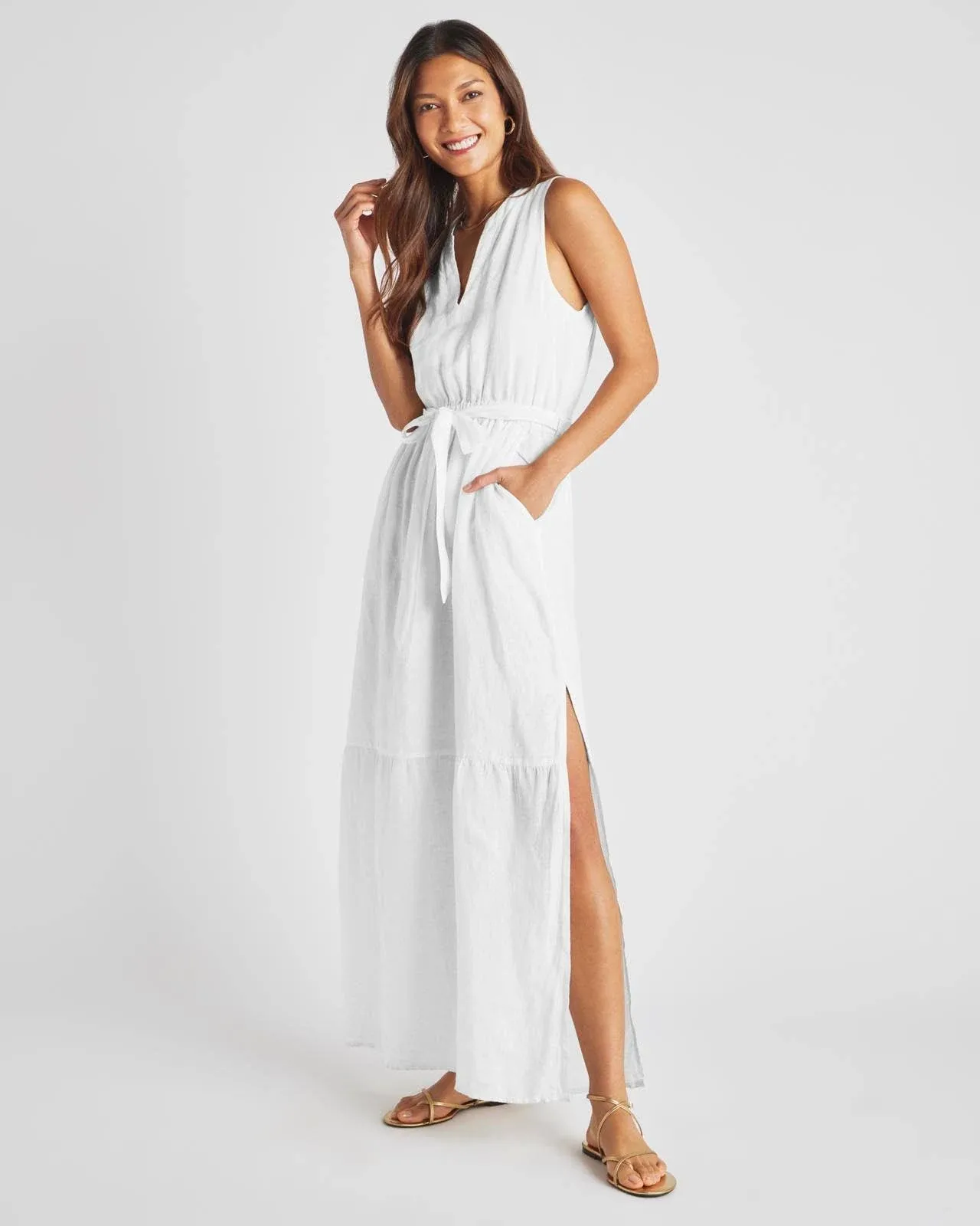 Stella Sleeveless Tie-Belt Linen Maxi Dress