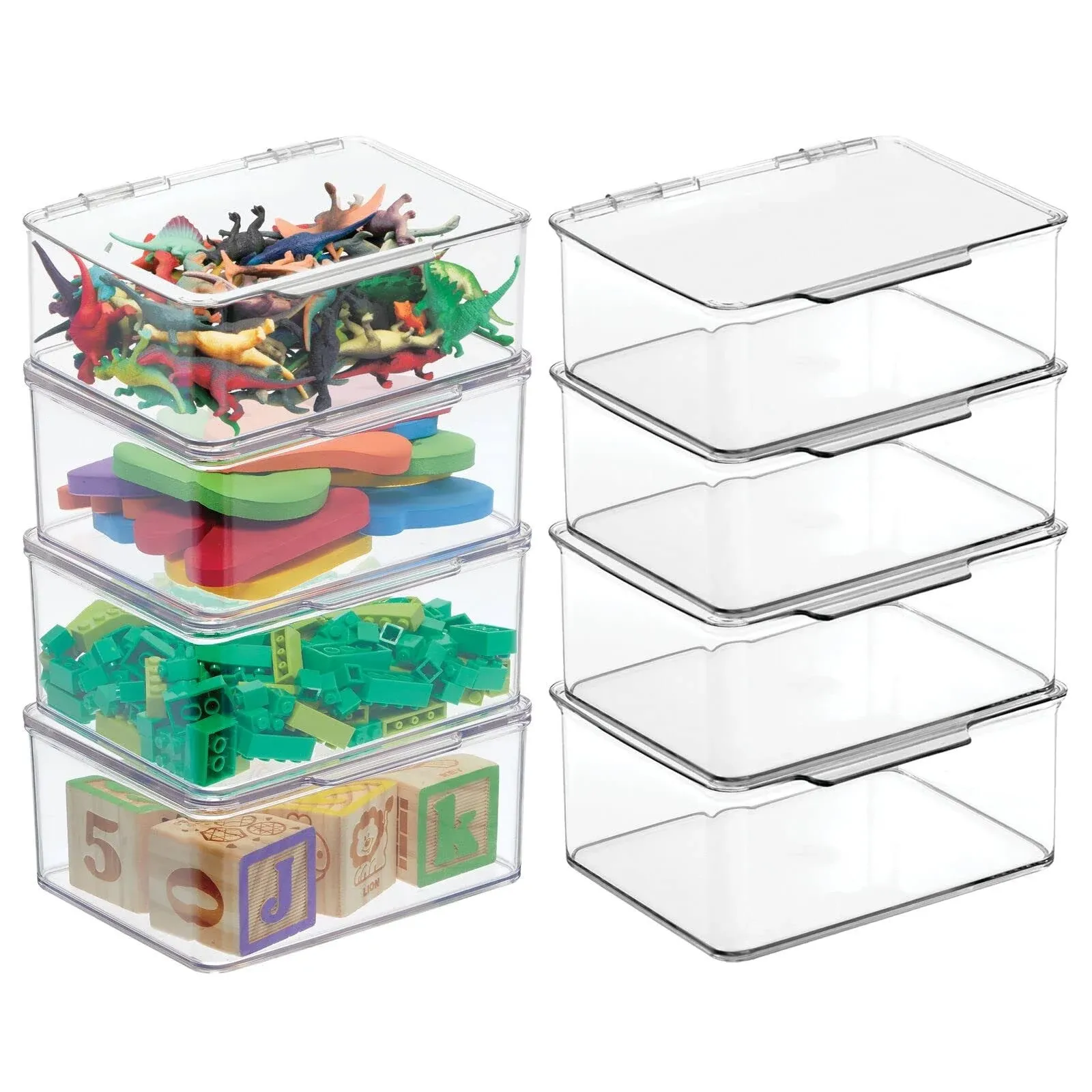 mDesign Plastic Stackable Playroom/Gaming Storage Organizer Box with Hinge Lid (8 Pack, Clear)