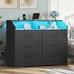 Weiplehoom 6 Drawers Dresser with LED Lights and Charging Station, Black, Adult Unisex, Size: Large