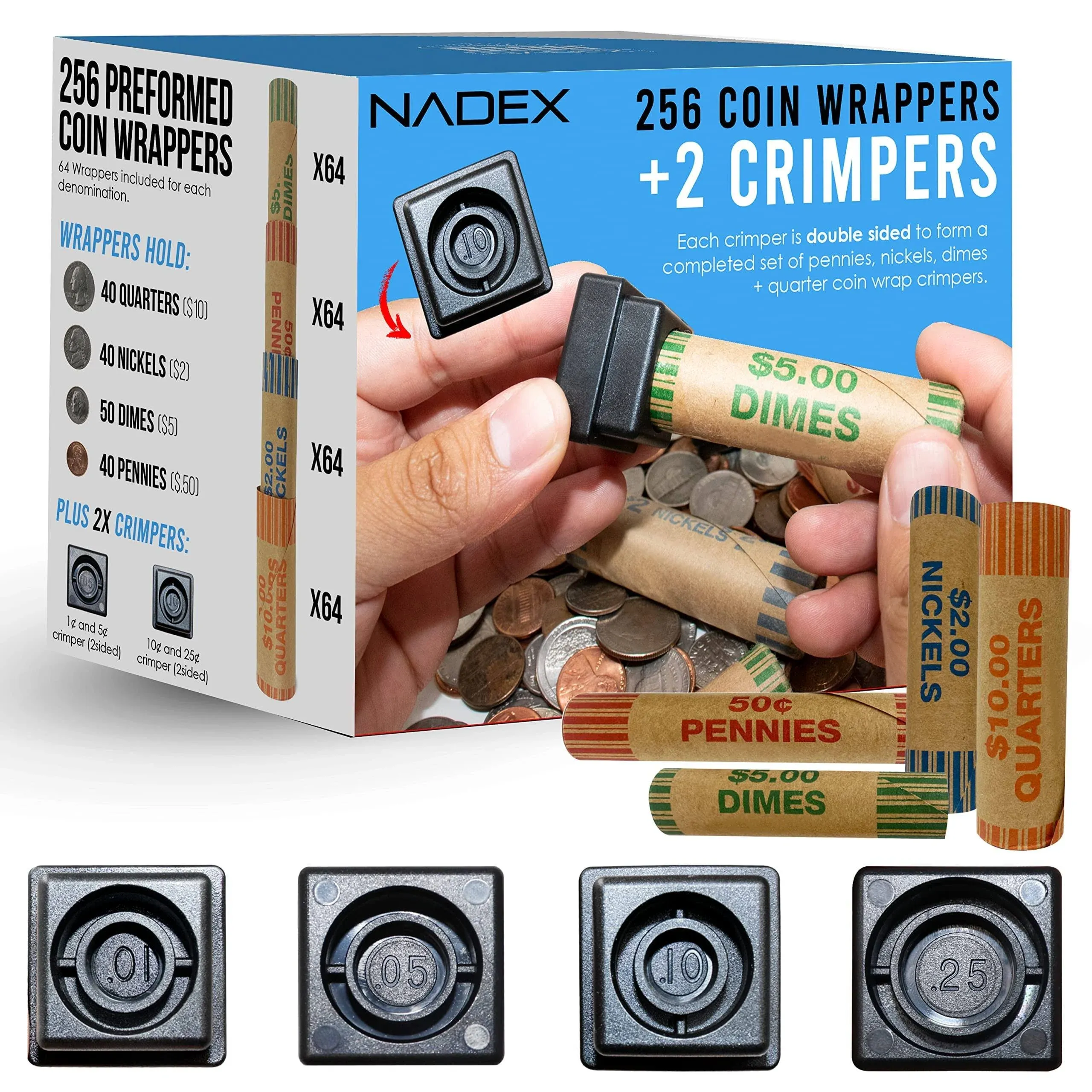 Nadex 256 Assorted Preformed Crimped End Coin Roll Wrappers with Coin Wrapper Crimping Tool, 64 Each of Nickels, Dimes, Pennies and Quarters