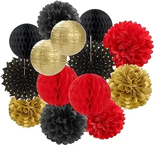 Red-Black Gold Party Decorations Streamers Lanterns - 14pcs Casino-Theme Graduation 2024 Paper Fan,Game Night Wedding Birthday Baby Bridal Shower Tissue Pom Poms,Honeycomb Balls Decor Ouruola