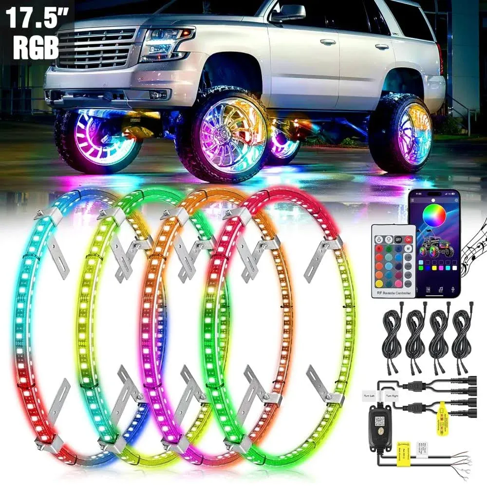 Nilight 4PCS 17.5inch Double Row LED Wheel Ring Lights RGB with APP and Remote Control Neon Wheel Rim Lights w/Turn Signal and Braking Function Dual Row for Car Van SUV Truck, 2 Years Warranty