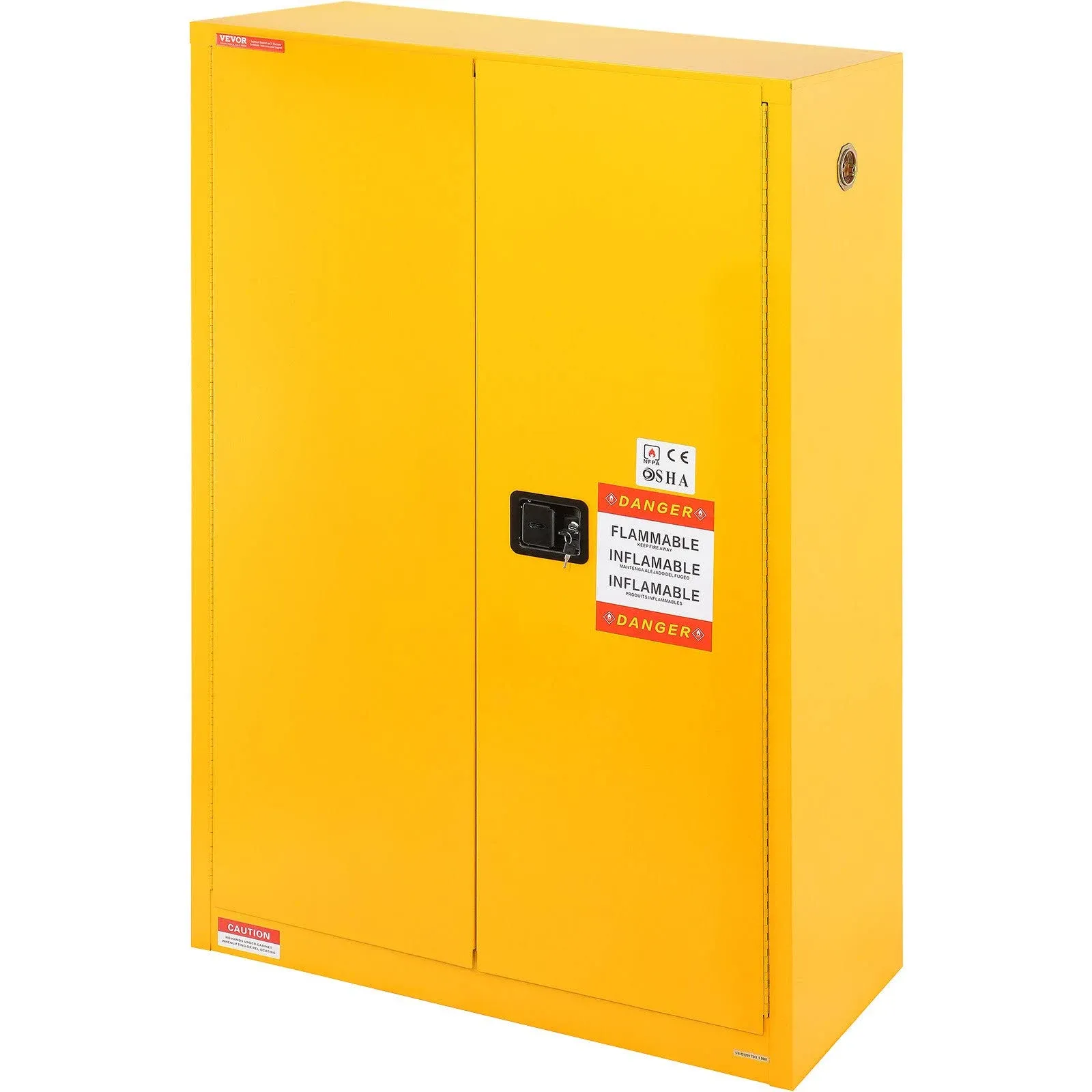 VEVOR Flammable Safety Cabinet, 45 Gal, Cold-Rolled Steel Flammable Liquid Storage Cabinet, 42.9 x 18.1 x 65.2 in Explosion Proof with 2 Adjustable Shelves 2 Manual Doors for Industrial Use, Yellow