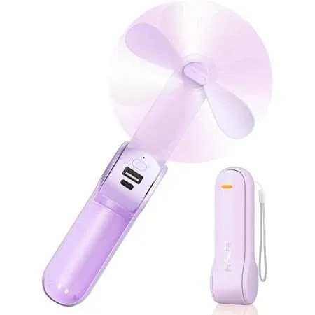 FrSara Portable Handheld Fan Rechargeable, USB Rechargeable Small Pocket Fan, 2000mAh Battery With Power Bank, Upgraded Long Battery Life, Three-Speed, Suitable for Women Outdoors and Travel -Purple