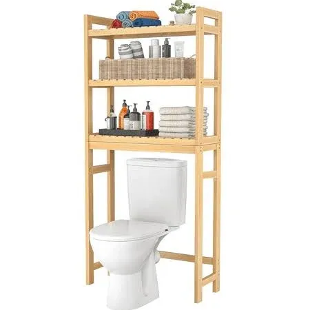 Homykic Over The Toilet Storage, Bamboo 3-Tier Over-The-Toilet Space Saver Shelf Organizer Rack, Stable Freestanding Above Toilet Stand with 3 Hooks for Bathroom, Restroom, Laundry, Blue Grey