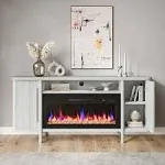 BELLEZE Wood Console Electric Fireplace, White Sand