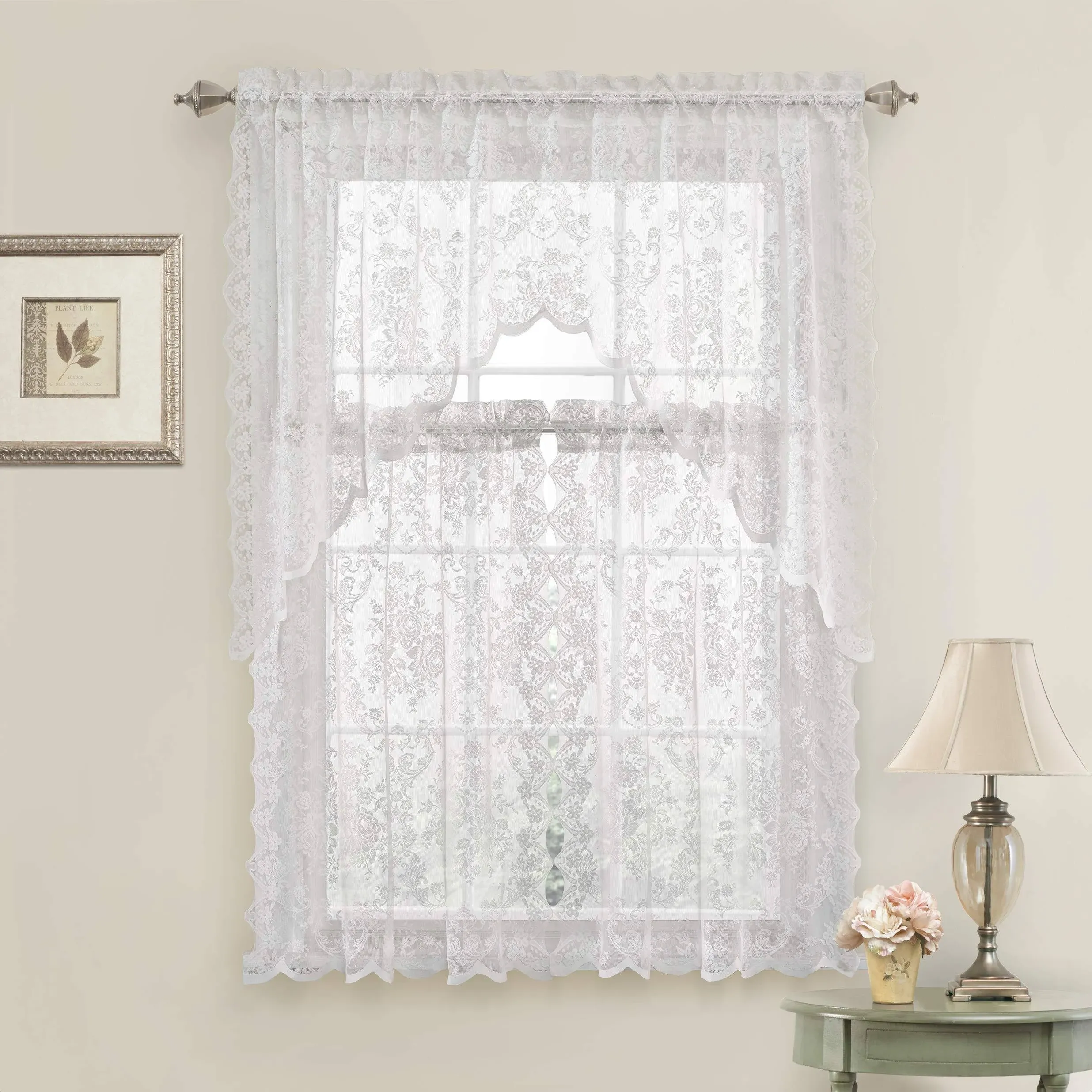 Kate Aurora Shabby Living Lena Floral Lace Complete Kitchen Curtain Tier & Swag Set - White