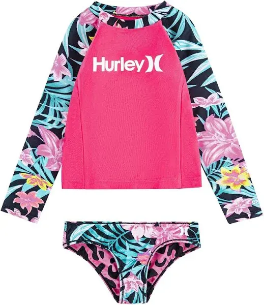 Hurley Big Girl&#039;s M 10/12 Long Sleeve 2 Pc Rash Guard Tankini Swimsuit Pink 