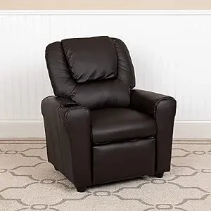 Emma + Oliver Brown LeatherSoft Kids Recliner with Cup Holder and Headrest