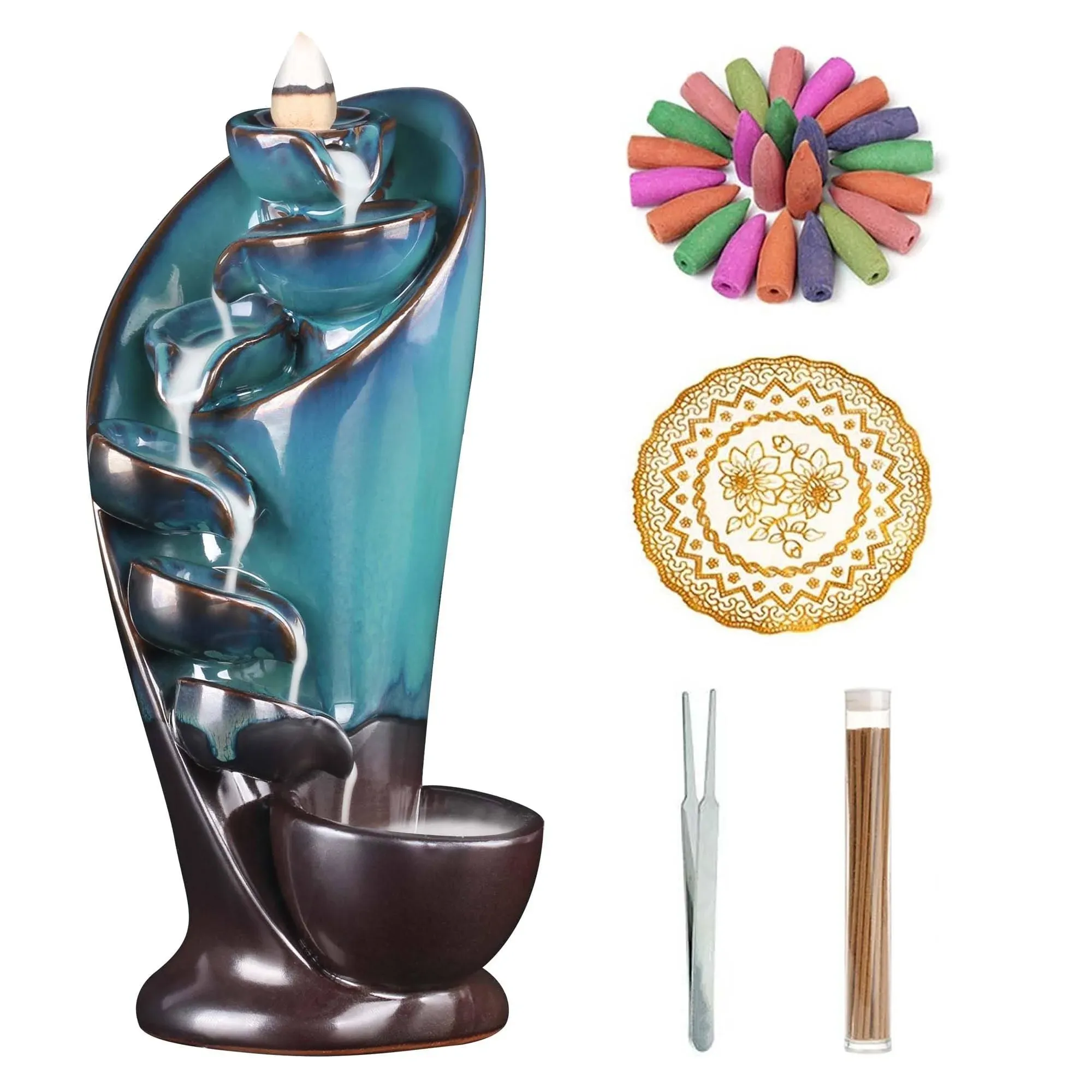 Ceramic Inscents-Cones Waterfall Backflow Torch Incense Burner with Mat Tweezer ...