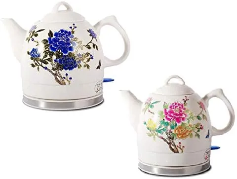 FixtureDisplays® Ceramic Electric Kettle with Peony Flower Pattern Two-Tone 15000