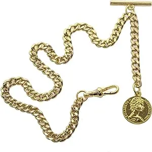 Albert Chain Gold Tone Pocket Watch Chain Vest Chain for Men Fob T Bar with Swivel Clasp with Queen Design Medal Fob Charm AC79A