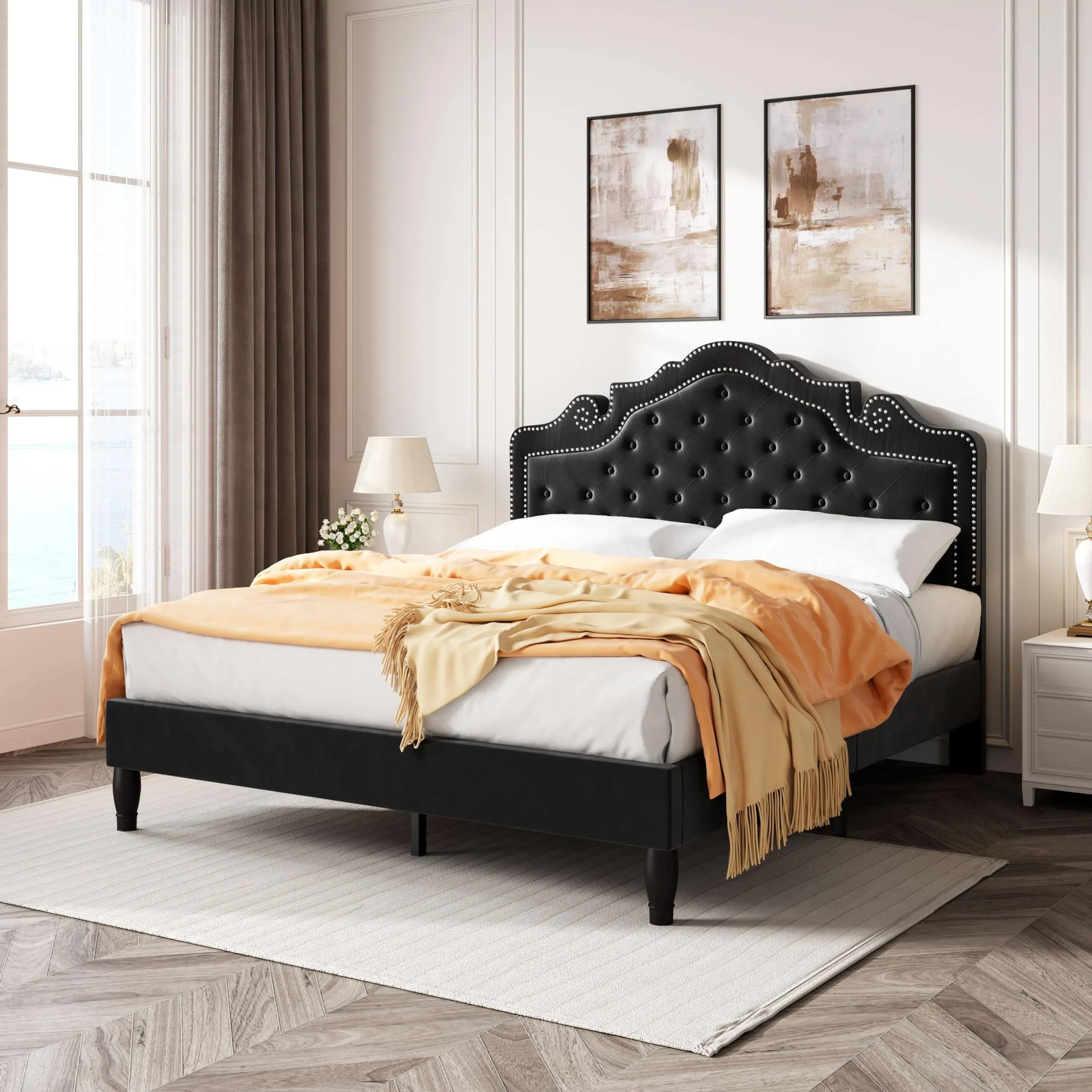  Size Platfrom Bed Frame with Adjustable Headboard/Velv<wbr/>et King Black Modern