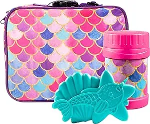 Bentology Kids Lunch Tote Set Kitty Cat Pink & Blue-Includes Reusable Hard Ice Pack & Stainless Steel Food Jar Thermos-Hot or Cold Food for Hours- Perfect Lunchbox Kit for Boys & Girls, Back to School