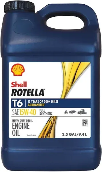 Shell Rotella T6 Full Synthetic 15W-40 Diesel Engine Motor Oil, 2.5 Gallon