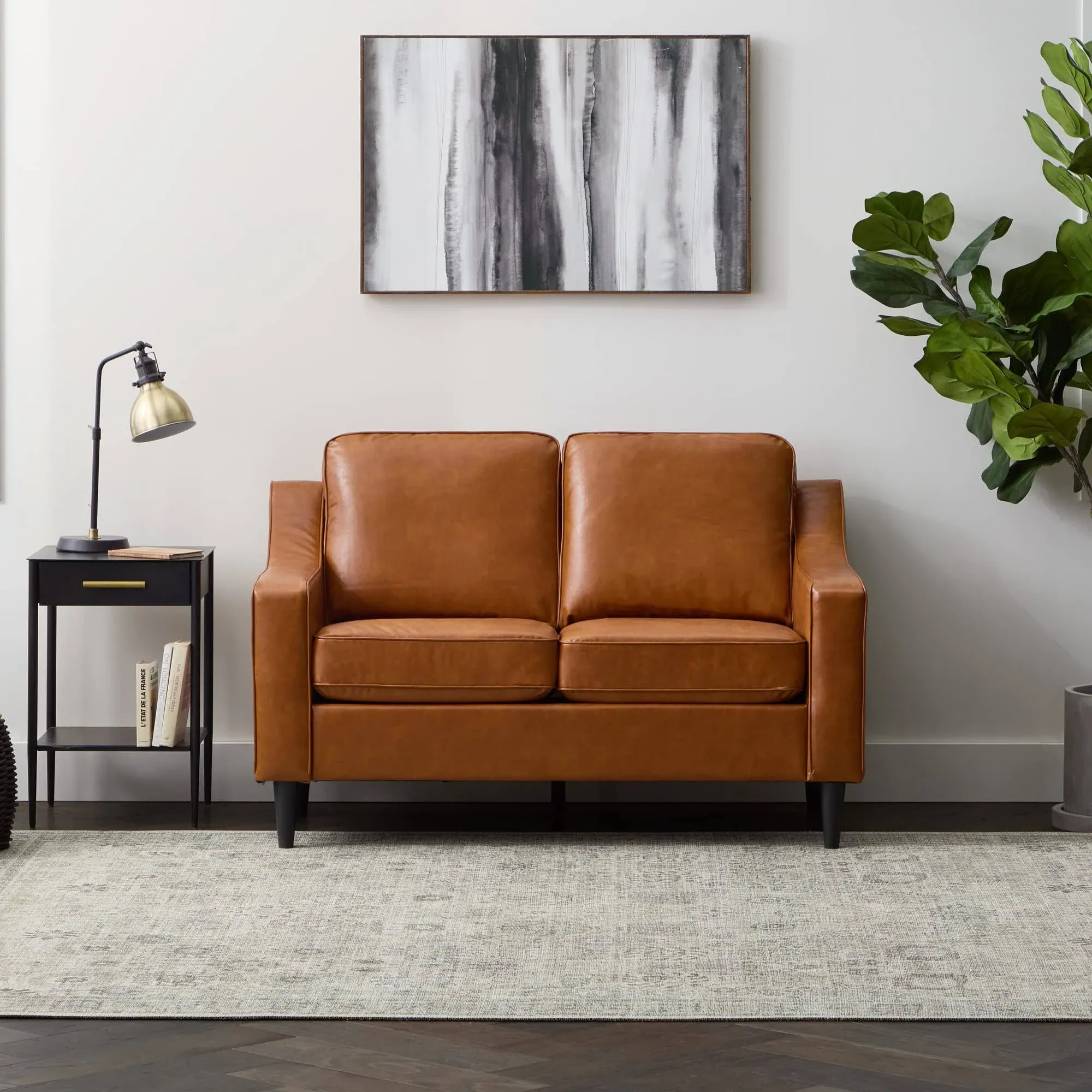 Edenbrook Jensen Upholstered - Camel Faux Leather - Furniture - Small Loveseat- Seats Two - Scoop Arm Modern Couch - Couches for Living Room