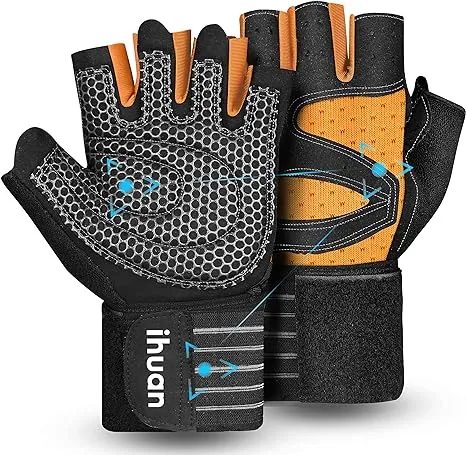 ihuan Ventilated Weight Lifting Gym Workout Gloves with Wrist Wrap Support for Men & Women, Full Palm Protection, for Weightlift