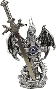 Ebros Gift Legendary Silver Dragon Protecting Castle Tower Letter Opener Figurine Sculpture Home and Office Decorative Sculpture Medieval Renaissance Dungeons and Dragons Fantasy