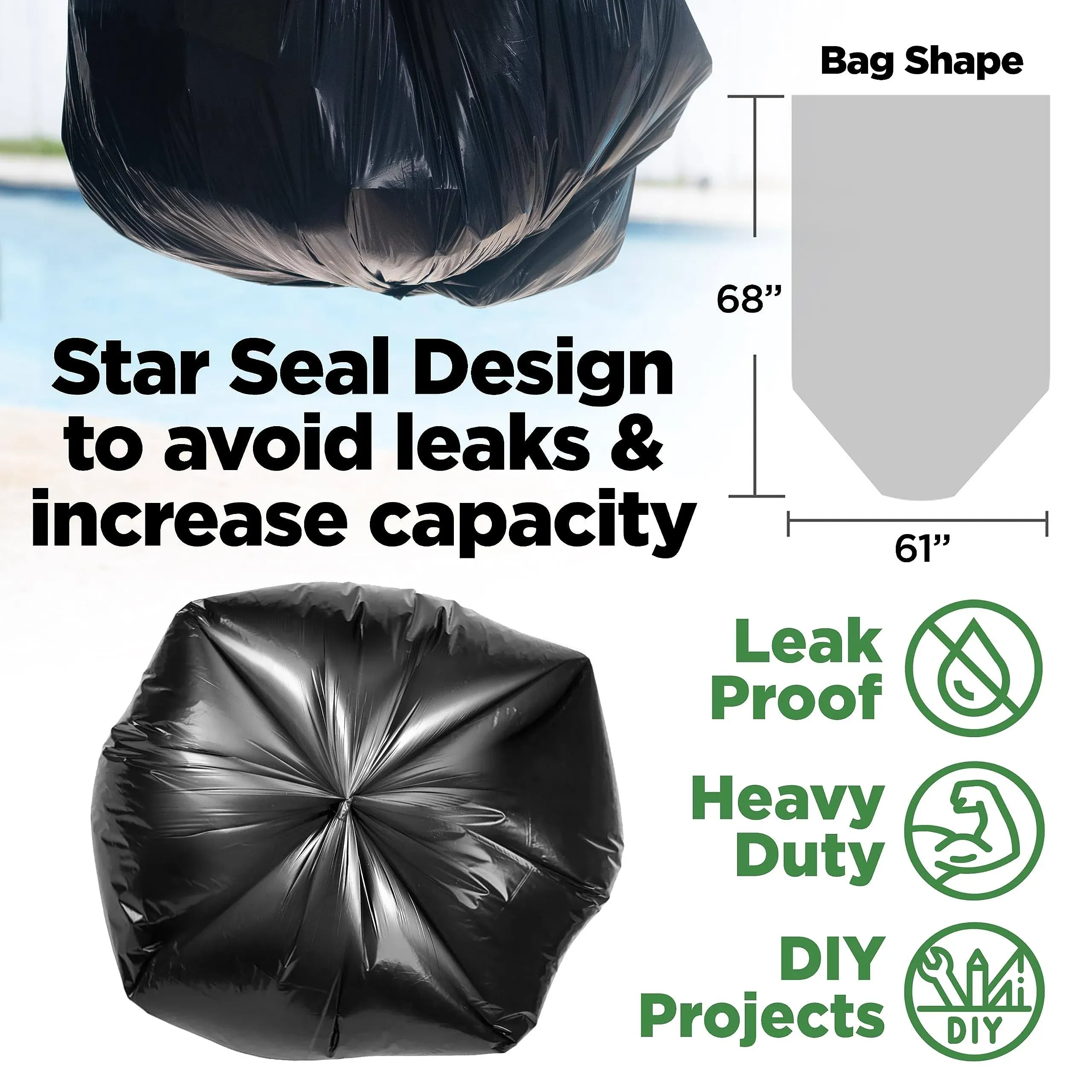 ToughBag 95-96 Gallon Extra Large Trash Bags, 61x68” Black Garbage Can Liners, 1.2 Mil Thick (25 Count), Heavy-Duty 90 gal, 95 gal, 100 Gallon, 96