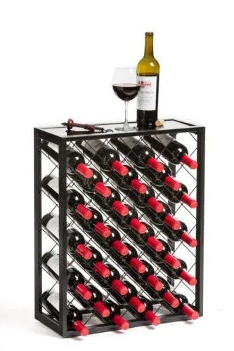 Mango Steam Wine Rack Console with Glass Table Top (34 Bottle, Black)