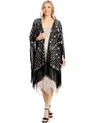 Anna-Kaci Oversize Beaded Fringed Sequin Evening Shawl