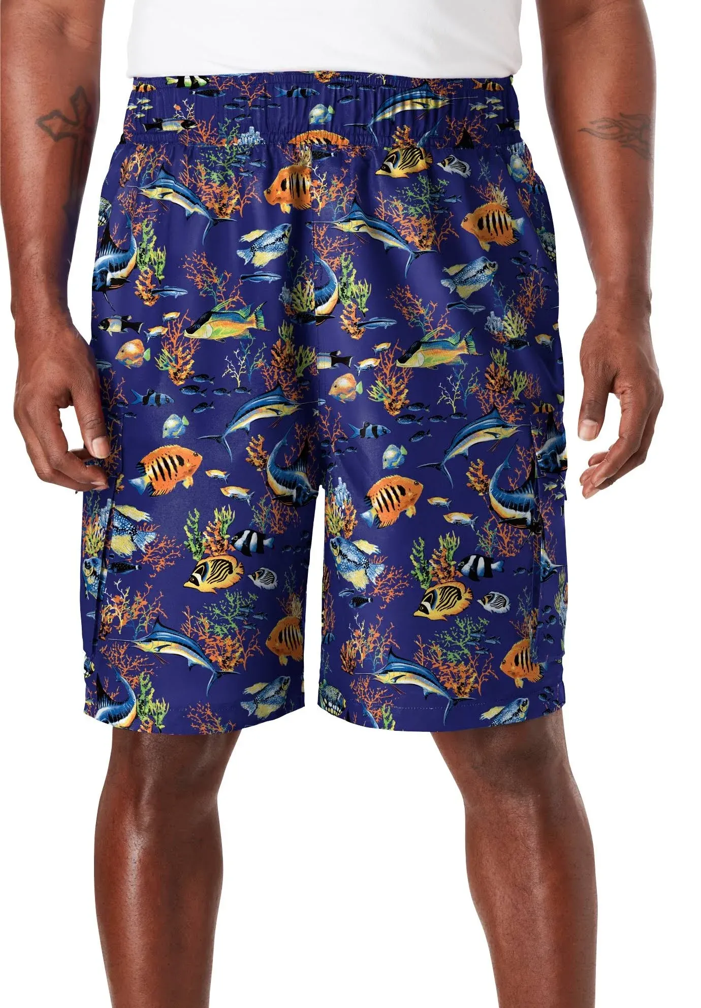 KS Island KingSize Men's Big & Tall 8" Flex Cargo Swim Trunks - 3XL, Tropical Fish