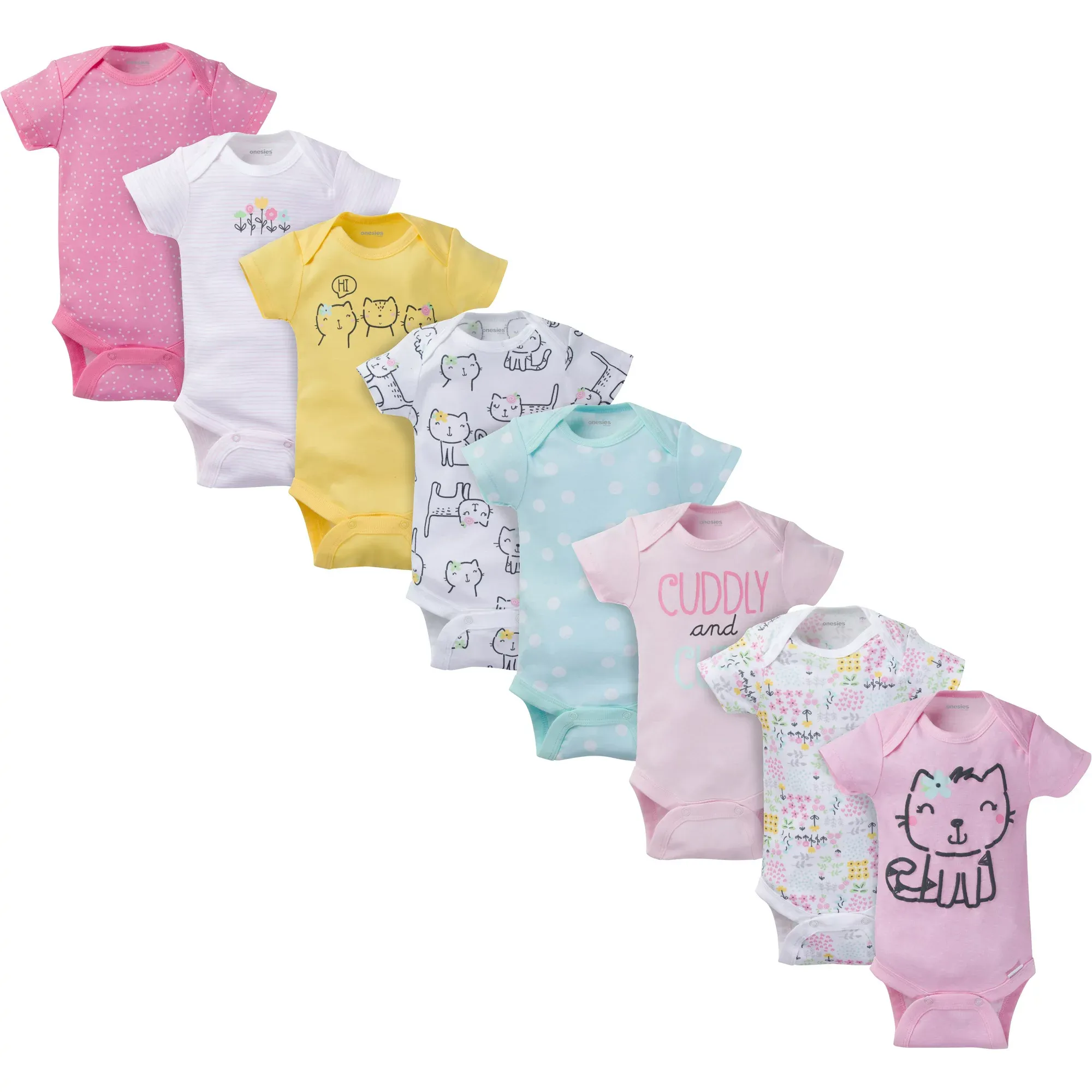 8-Pack Baby Girl Kitty Short Sleeve Onesies Brand Bodysuits - Newborn