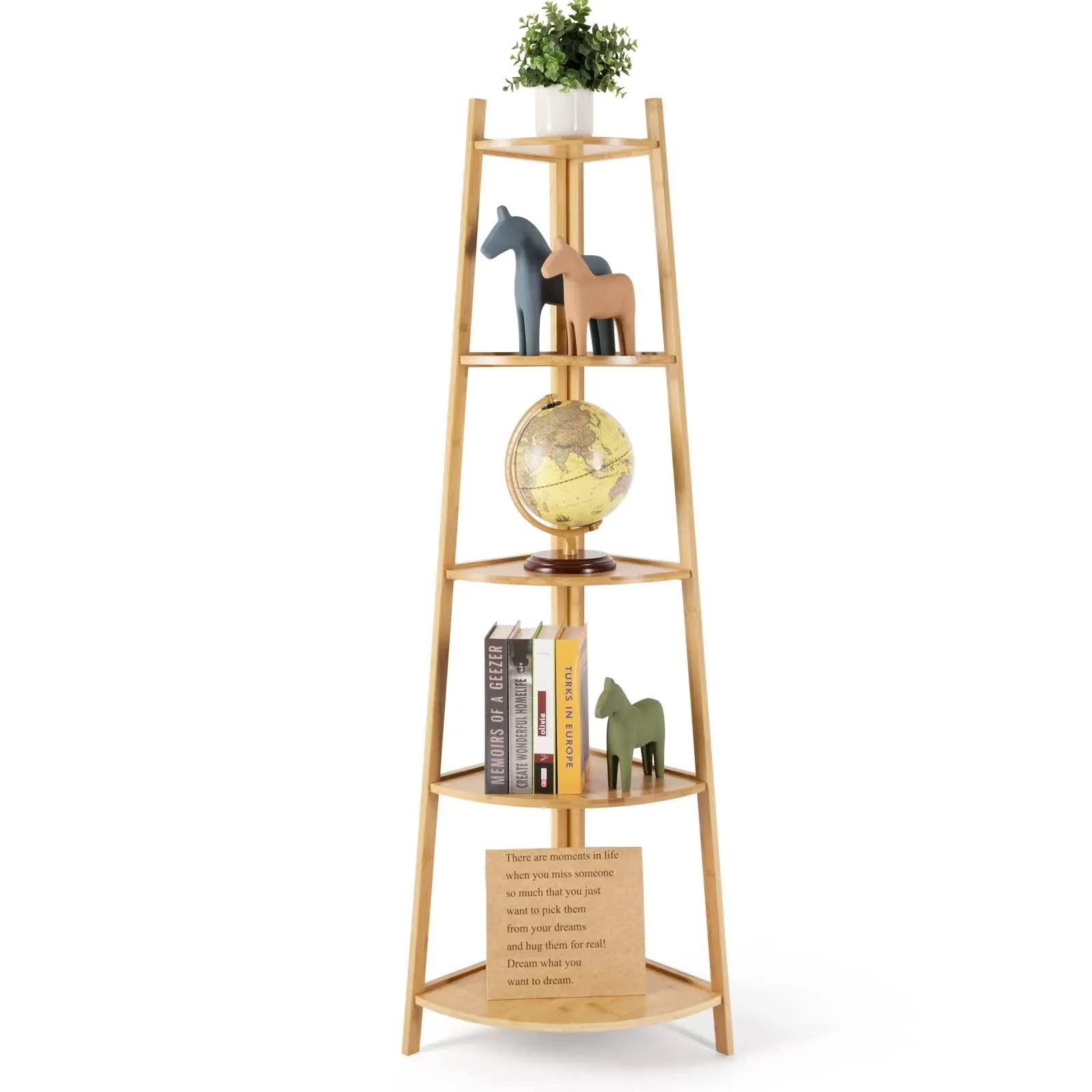 Bamboo Corner Shelf Stand for Display, 59'' Tall Storage Rack, 5-Tier Shelf for Organize