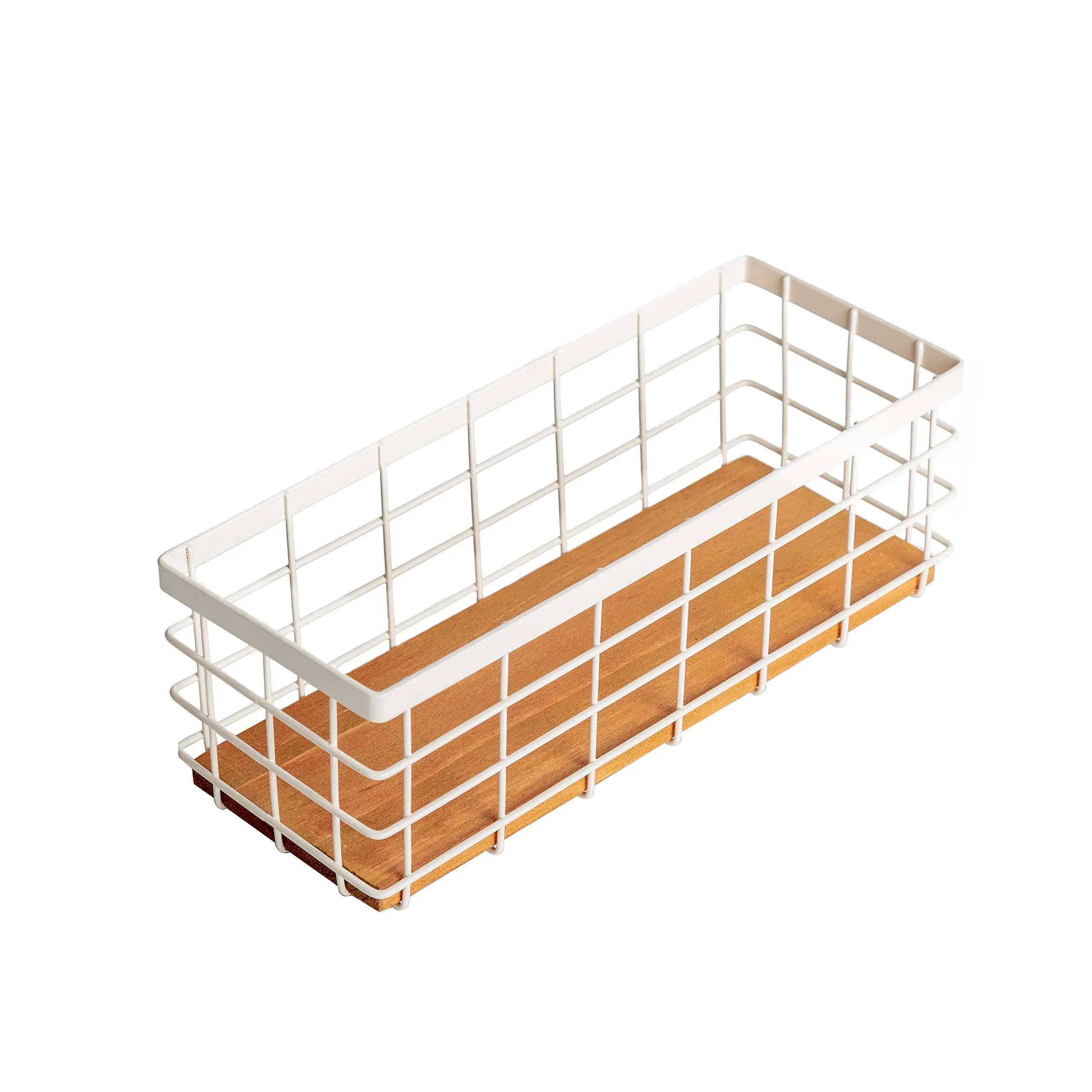 TIEYIPIN Small Metal Wire Storage Basket, Detachable Wood Base Storage Organizer Bin Basket for Kitchen Cabinets, Bathroom, Pantry, Garage, Laundry