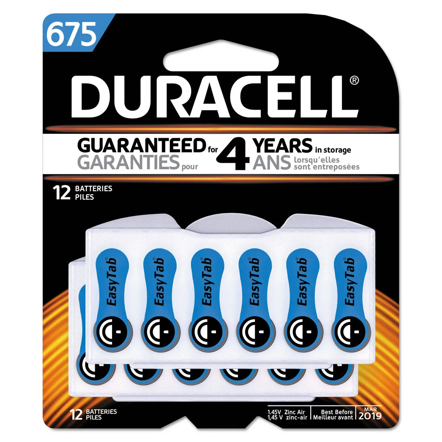 Duracell Hearing Aid Batteries Blue Size 675, 12 Count Pack, 675A Size Hearing Aid Battery with Long-lasting Power, Extra-Long EasyTab Install for Hearing Aid Devices