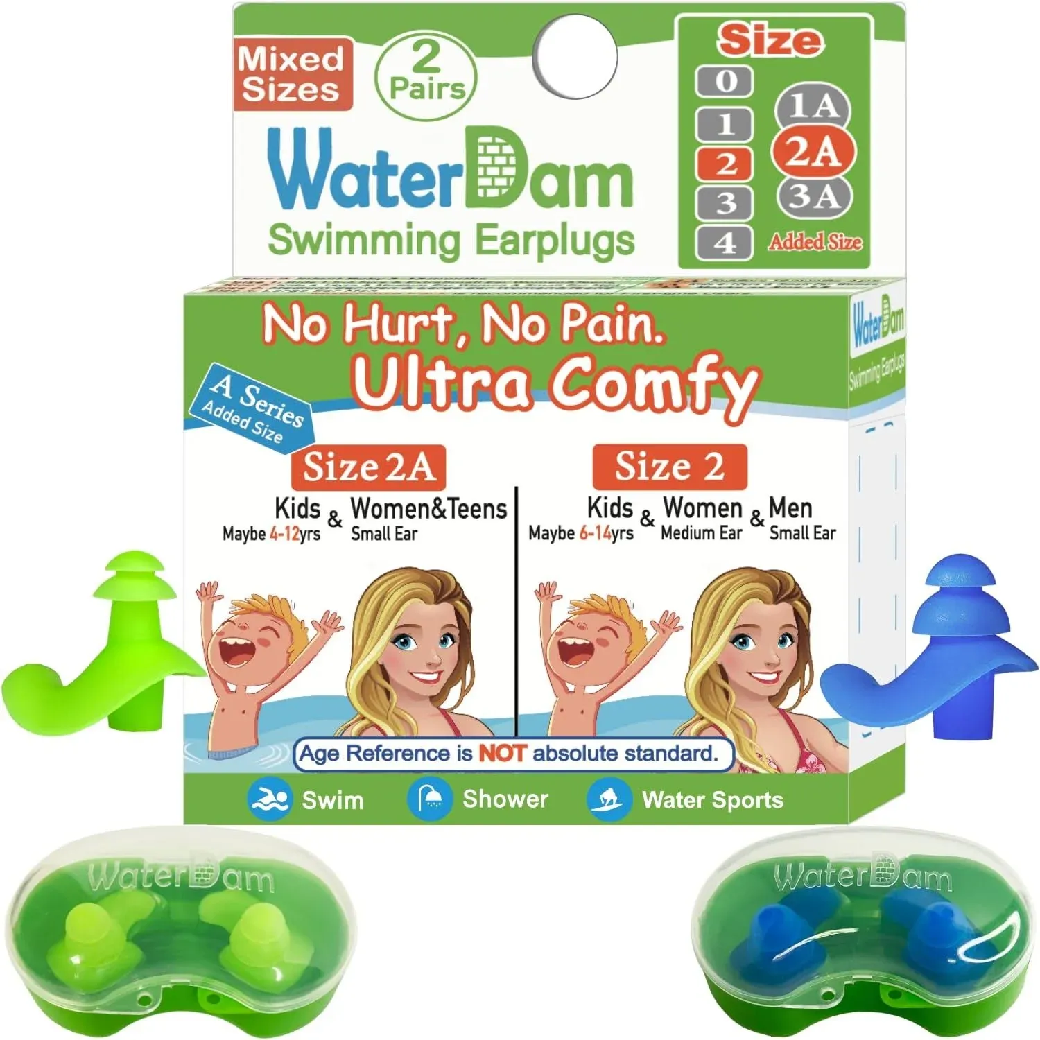 WaterDam A-Series Swimming Ear Plugs Ultra Comfy Great Waterproof Earplugs (Mixed Sizes, Size 2A+2: Kids Teens Medium Ear Women Small Ear Men (Green